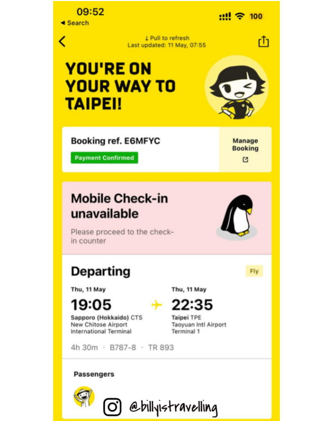 Scoot TR893 札幌-台北航段未能網上辦理值機手續