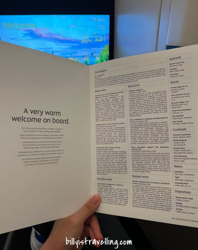 etihad business auh to cph drink menu