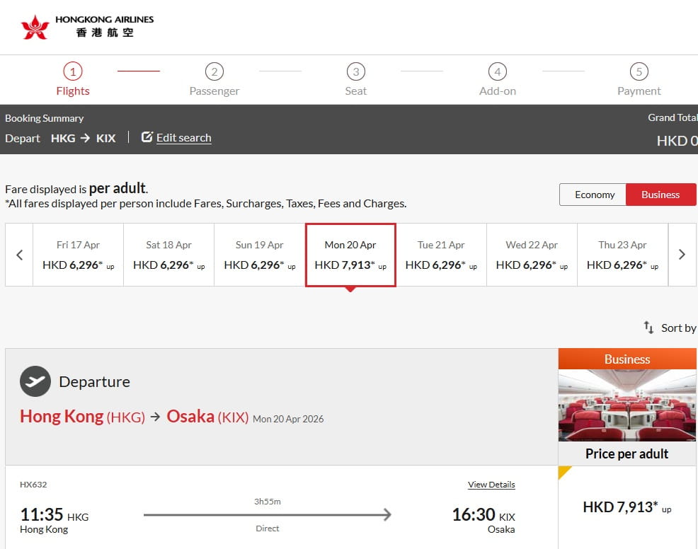 hkg to kix by hong kong airlines hx business class fare