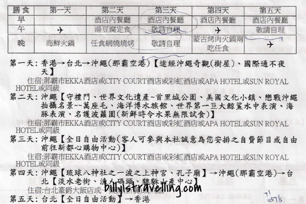 2009年中旅社沖繩+台北crossover旅行團 行程表