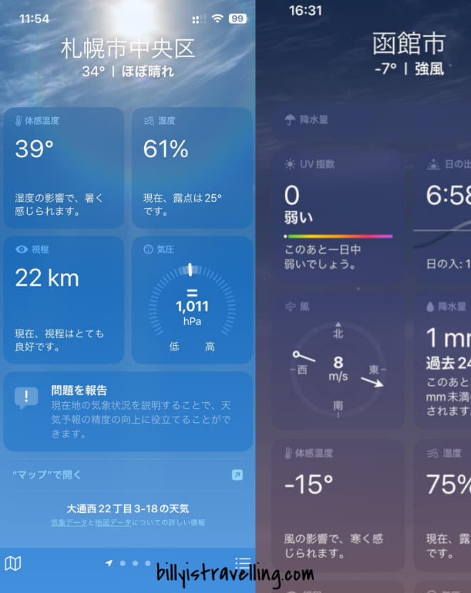 北海道的冬天及夏天氣溫