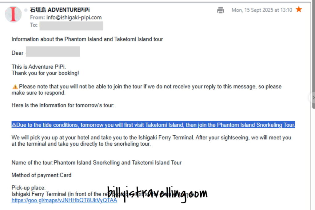 email notification from local tour company that snorkelling and taketomi island need to reschedule